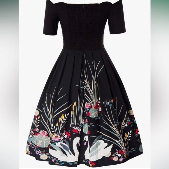 Women's Swan Printed Off Shoulder Swing Dress Black Flared Midi XXL - Picture 2 of 6